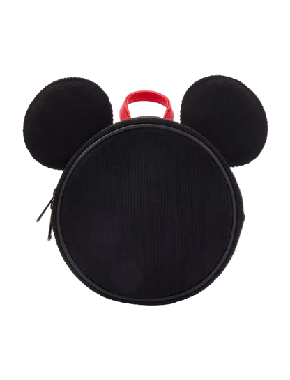 A black corduroy Mickey Mouse-shaped lunch bag or small backpack with two round ears, a top zipper, and a red carrying handle, shown on a light gray background.