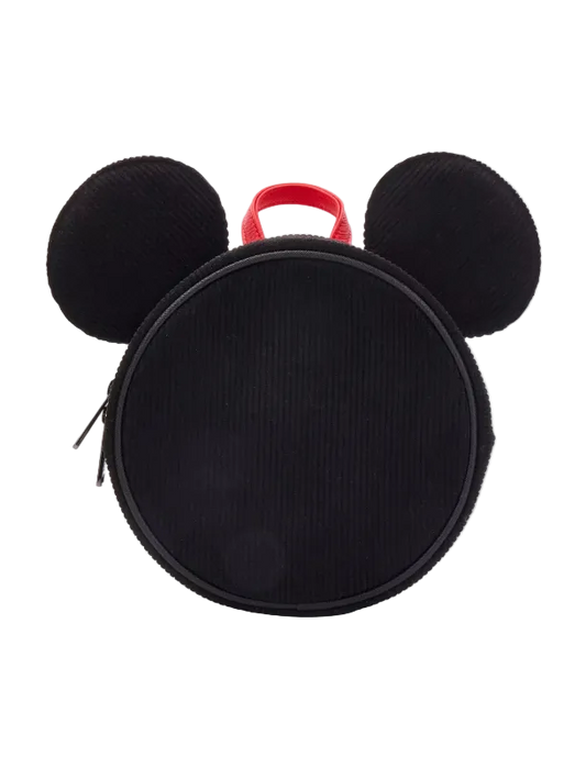 A black corduroy Mickey Mouse-shaped lunch bag or small backpack with two round ears, a top zipper, and a red carrying handle, shown on a light gray background.