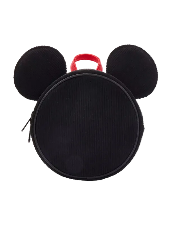 A black corduroy Mickey Mouse-shaped lunch bag or small backpack with two round ears, a top zipper, and a red carrying handle, shown on a light gray background.