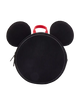 A black corduroy Mickey Mouse-shaped lunch bag or small backpack with two round ears, a top zipper, and a red carrying handle, shown on a light gray background.