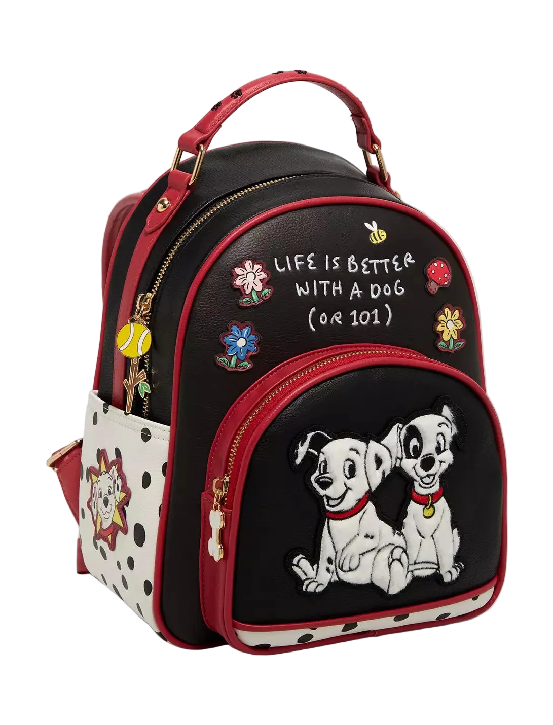 Backpack with cartoon dogs and text 'Life is better with a dog (or 101)' on a white background