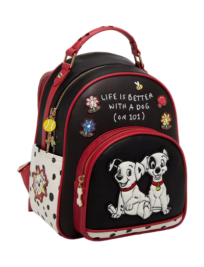 Backpack with cartoon dogs and text 'Life is better with a dog (or 101)' on a white background