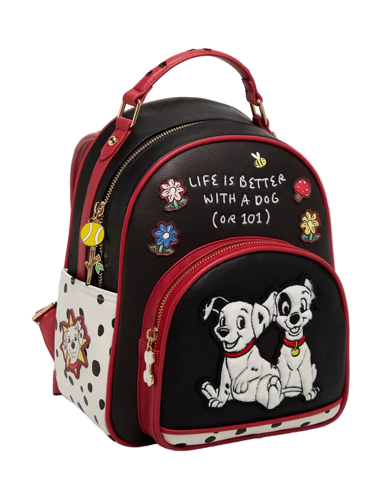 Backpack with cartoon dogs and text 'Life is better with a dog (or 101)' on a white background