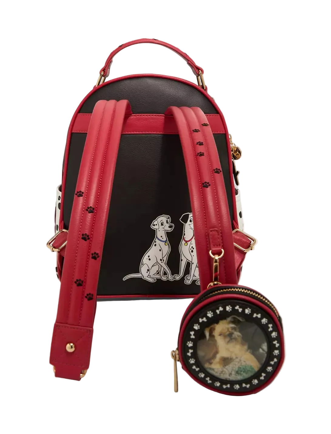 Red and black backpack with dog illustrations on a white background
