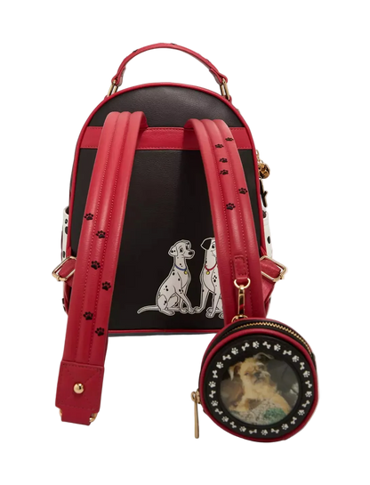 Red and black backpack with dog illustrations on a white background