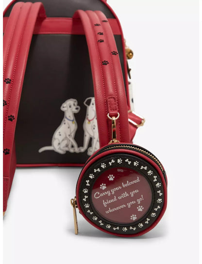 Red backpack with dog illustrations and a matching round pouch on a white background