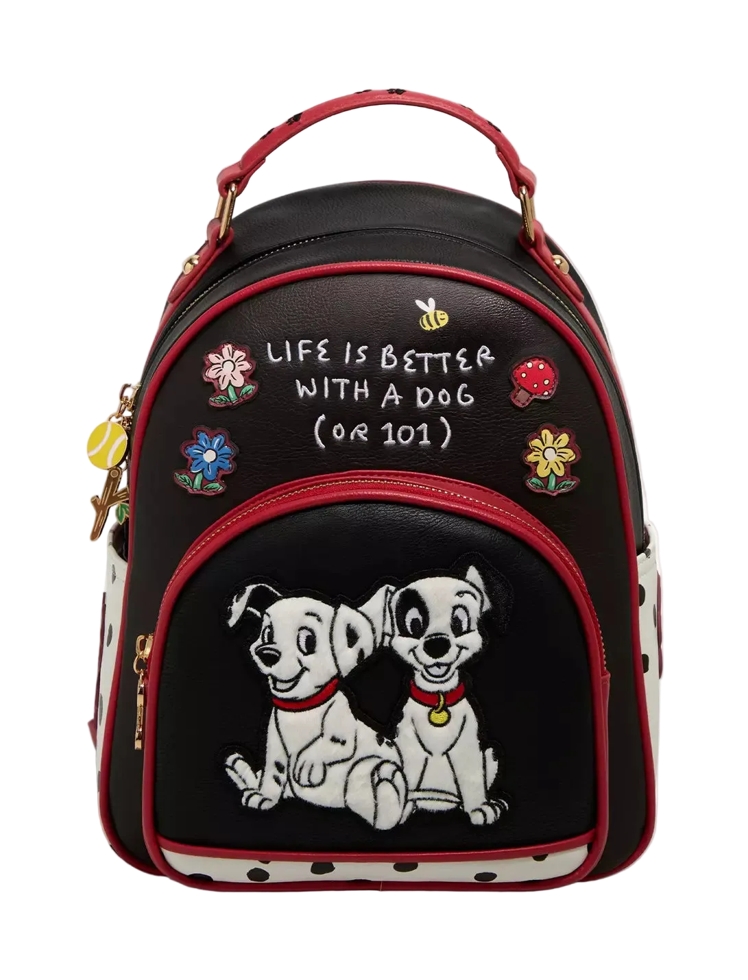 Black backpack with cartoon dogs and text 'Life is better with a dog (or 101)' on a white background