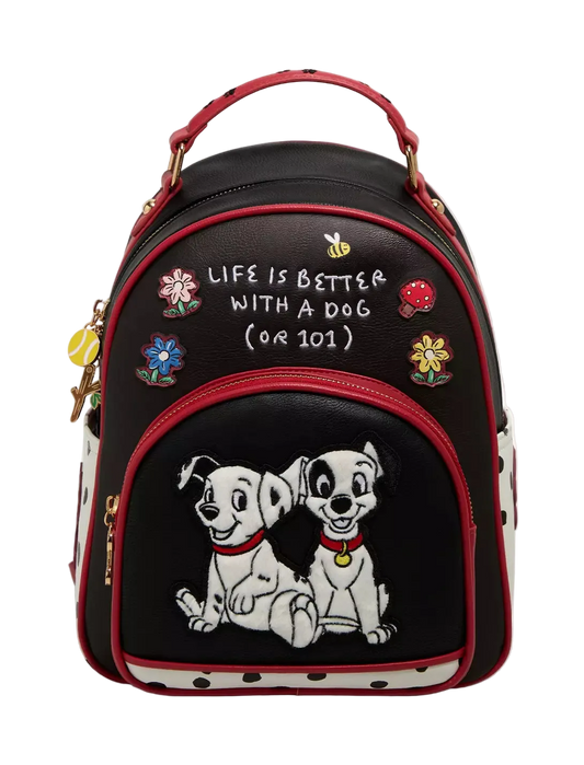 Black backpack with cartoon dogs and text 'Life is better with a dog (or 101)' on a white background