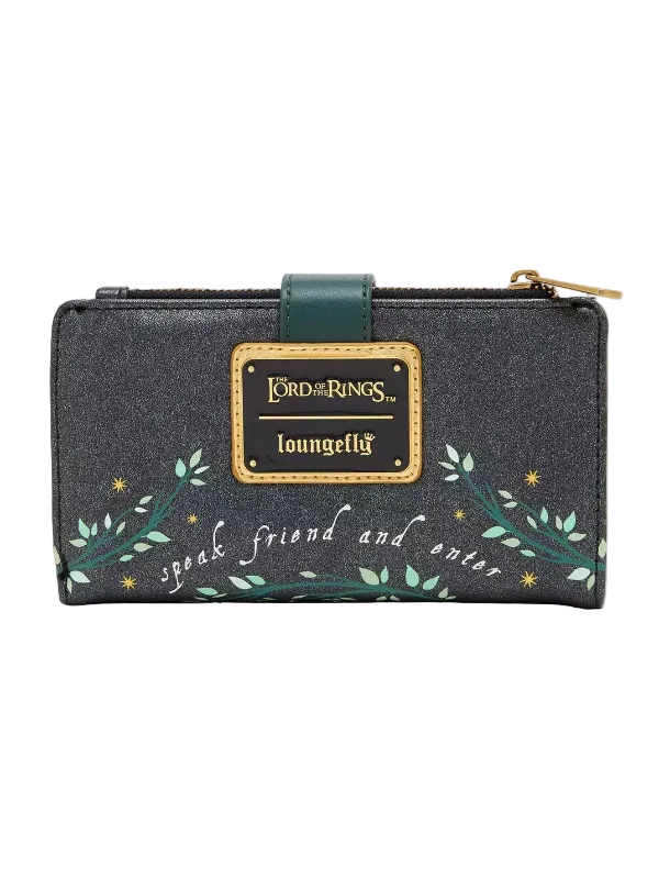 A Loungefly Lord of the Rings wallet in dark gray with a green leather strap, a gold-tone logo plaque, and green leafy illustrations with the words 'Speak, friend and enter' on a white background.