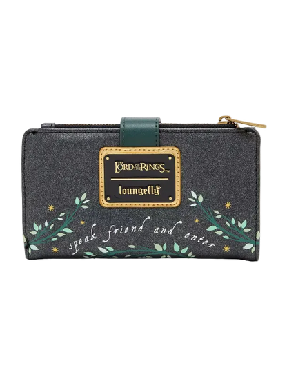 A Loungefly Lord of the Rings wallet in dark gray with a green leather strap, a gold-tone logo plaque, and green leafy illustrations with the words 'Speak, friend and enter' on a white background.