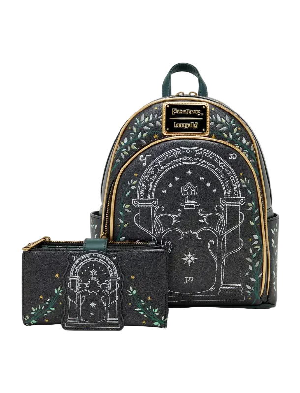 A black faux-leather mini backpack and matching zip pouch set from Loungefly, featuring a gothic temple illustration with white line art, green leafy vines, and gold trim.
