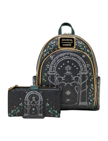 A black faux-leather mini backpack and matching zip pouch set from Loungefly, featuring a gothic temple illustration with white line art, green leafy vines, and gold trim.