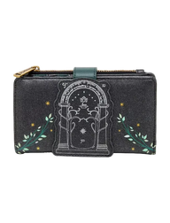 A black glittery zip-around wallet featuring a central tombstone graphic with a star and moon design, flanked by green leafy vines and small gold stars, with a gold zipper pull.