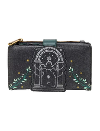 A black glittery zip-around wallet featuring a central tombstone graphic with a star and moon design, flanked by green leafy vines and small gold stars, with a gold zipper pull.