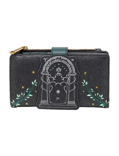 A black glittery zip-around wallet featuring a central tombstone graphic with a star and moon design, flanked by green leafy vines and small gold stars, with a gold zipper pull.