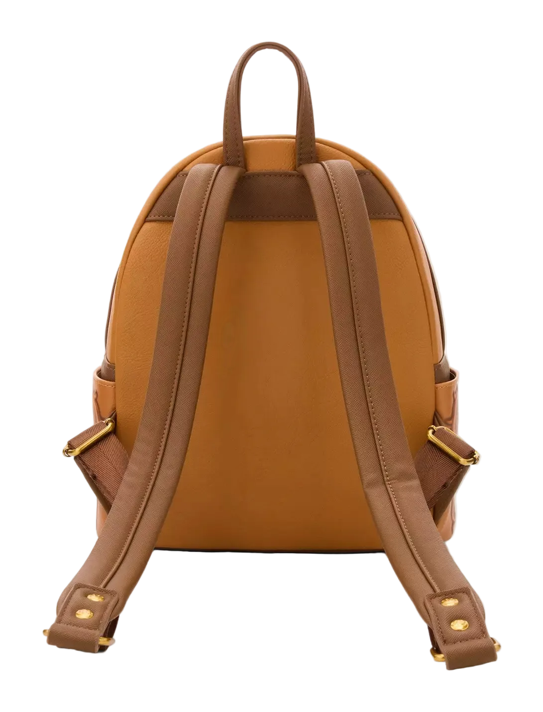 A tan and brown leather backpack shown from the back, featuring a smooth tan body, contrasting brown shoulder straps, and gold-tone metal hardware on a light gray background.