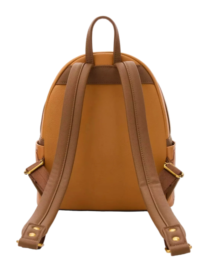A tan and brown leather backpack shown from the back, featuring a smooth tan body, contrasting brown shoulder straps, and gold-tone metal hardware on a light gray background.