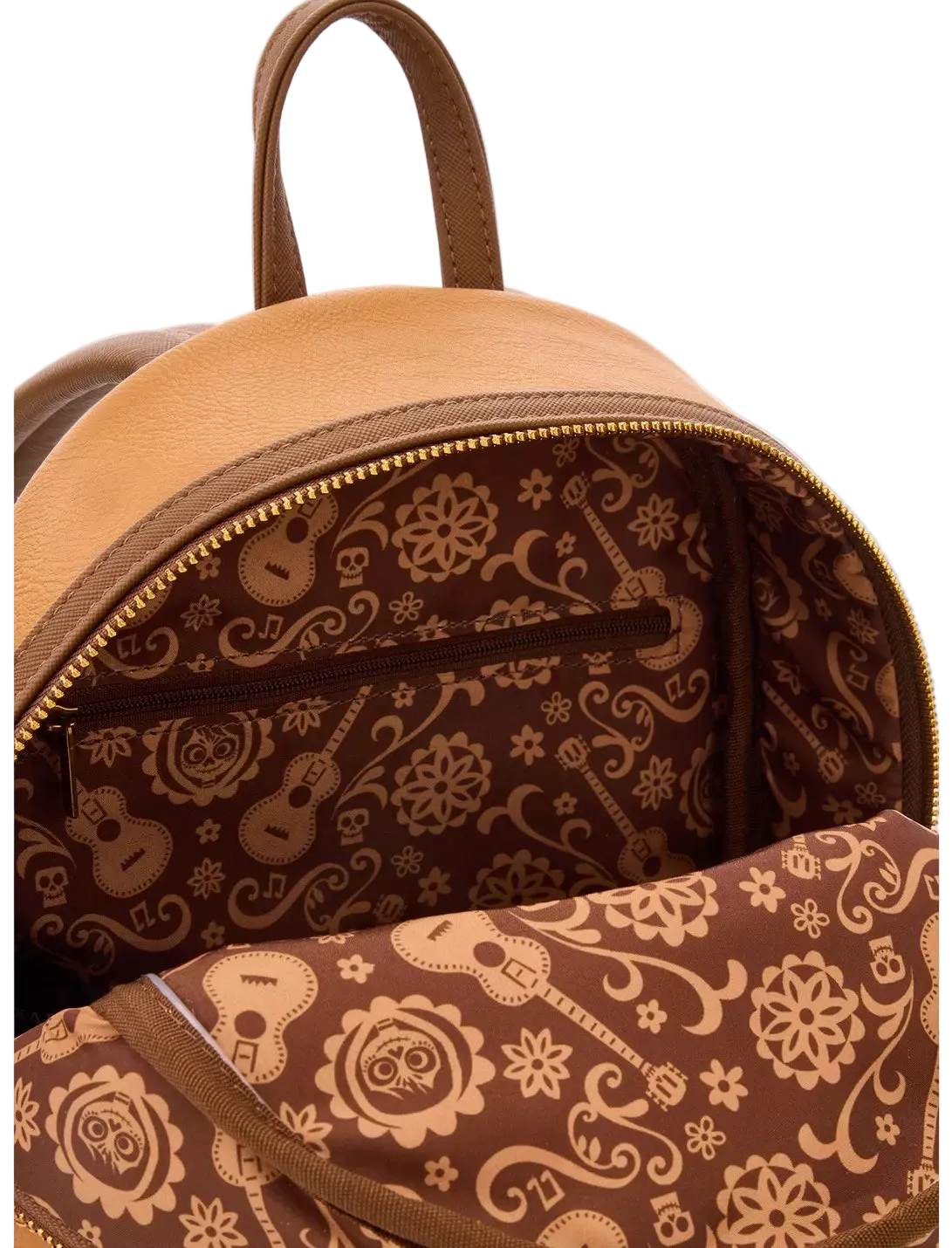 Brown backpack with intricate patterns on a white background