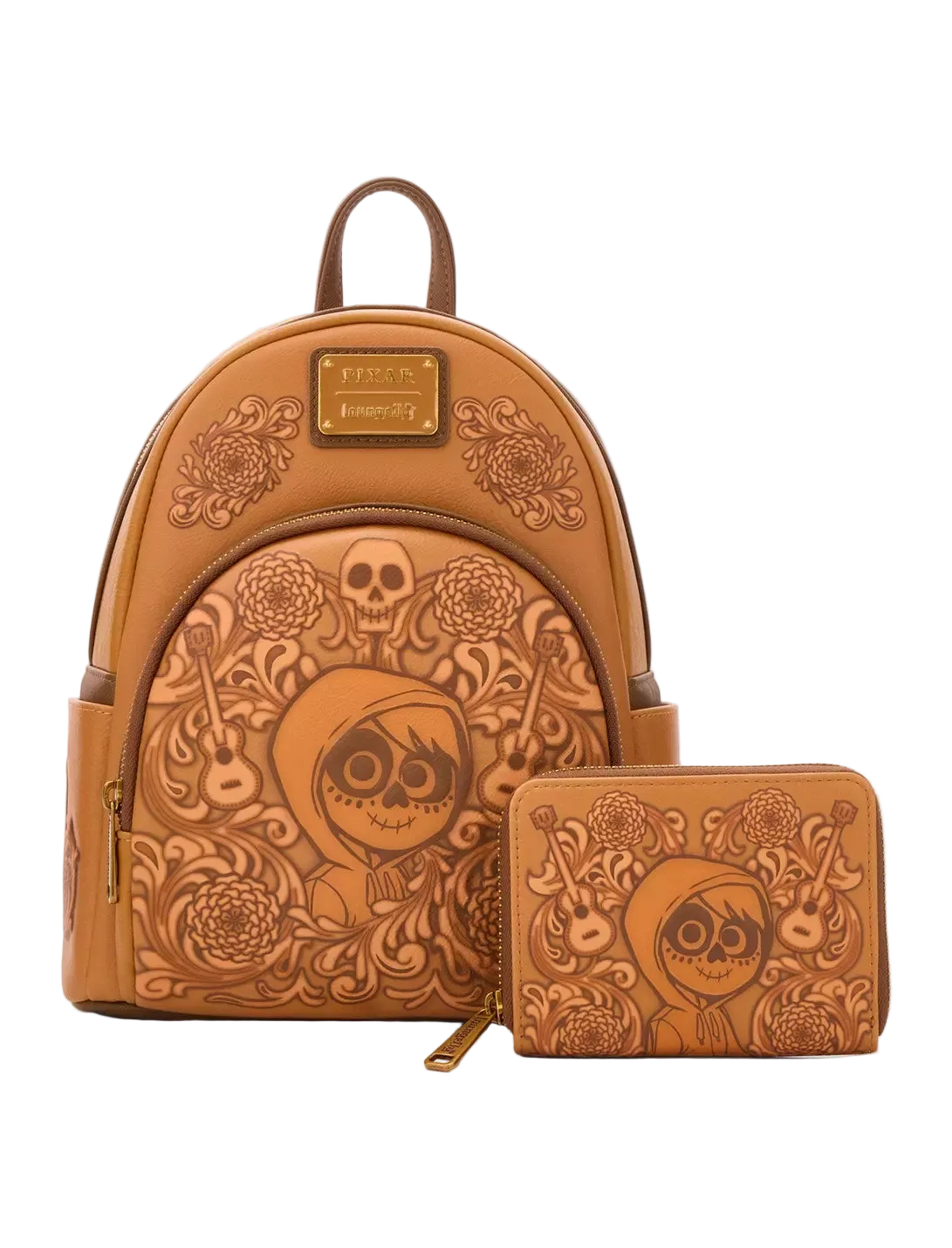 A tan faux-leather backpack and matching zip pouch set, both embossed with a Day of the Dead sugar skull and floral design, shown on a light gray background.