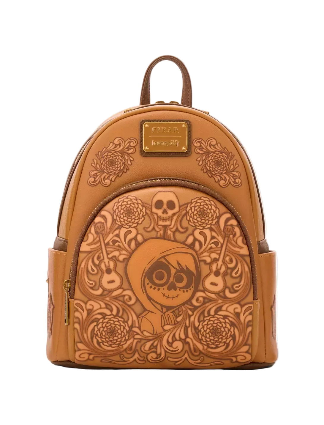 A tan leather mini backpack featuring an embossed Day of the Dead design with a central skeleton face, skulls, guitars, and floral patterns. The backpack has a top handle, zippered main compartment, side pockets, and a gold-tone metal brand plaque on the front.