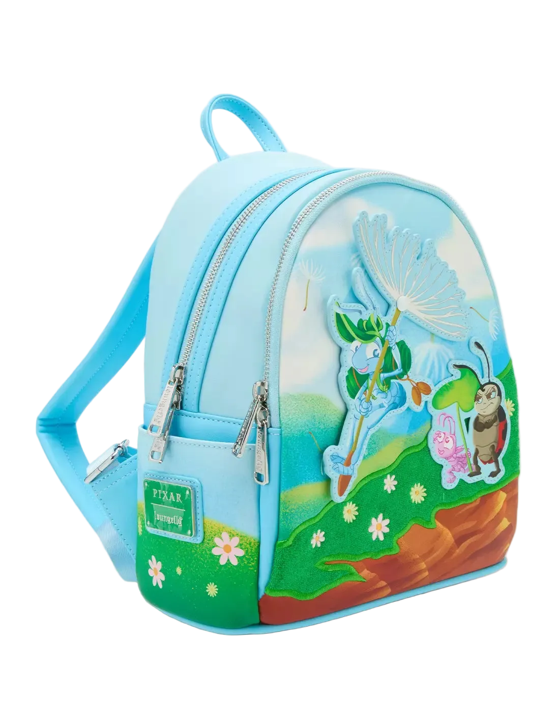 A light blue faux-leather mini backpack featuring a whimsical outdoor scene with raised 3D elements of a dandelion, a pink ladybug, a brown beetle, and green hills, shown on a white background.