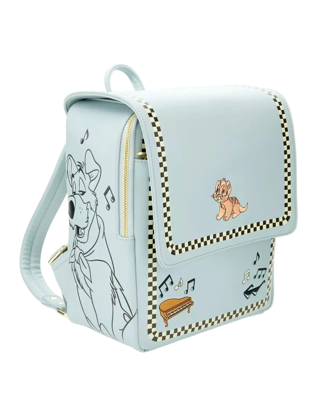A light blue faux-leather backpack featuring cartoon dog illustrations, musical notes, and checkered trim, shown on a clean white background.