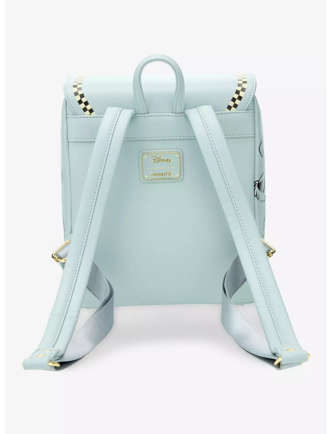 A light blue faux leather Disney backpack shown from the back, featuring a top handle, adjustable shoulder straps, gold-tone hardware, and a gold Disney logo plaque on the center.
