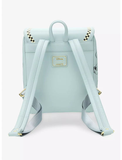 A light blue faux leather Disney backpack shown from the back, featuring a top handle, adjustable shoulder straps, gold-tone hardware, and a gold Disney logo plaque on the center.