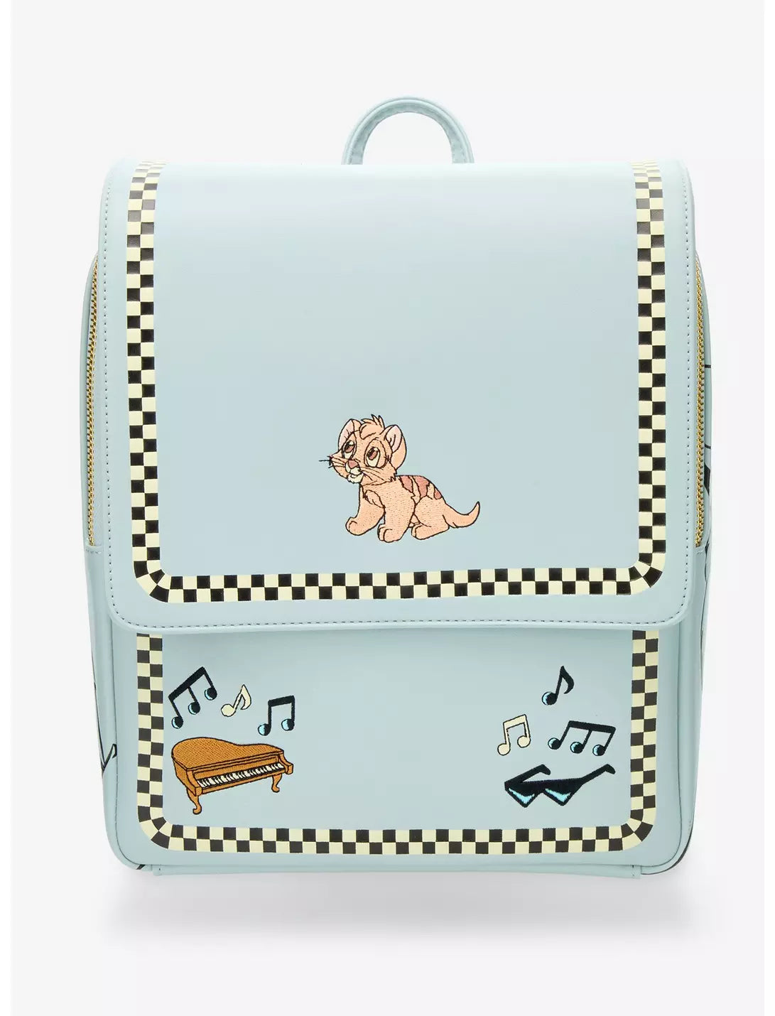 A light blue faux leather backpack featuring a cartoon lion cub graphic on the front flap, surrounded by a black and white checkered border. The lower pocket is decorated with musical notes, a piano, and high-heeled shoes, all on a clean white background.
