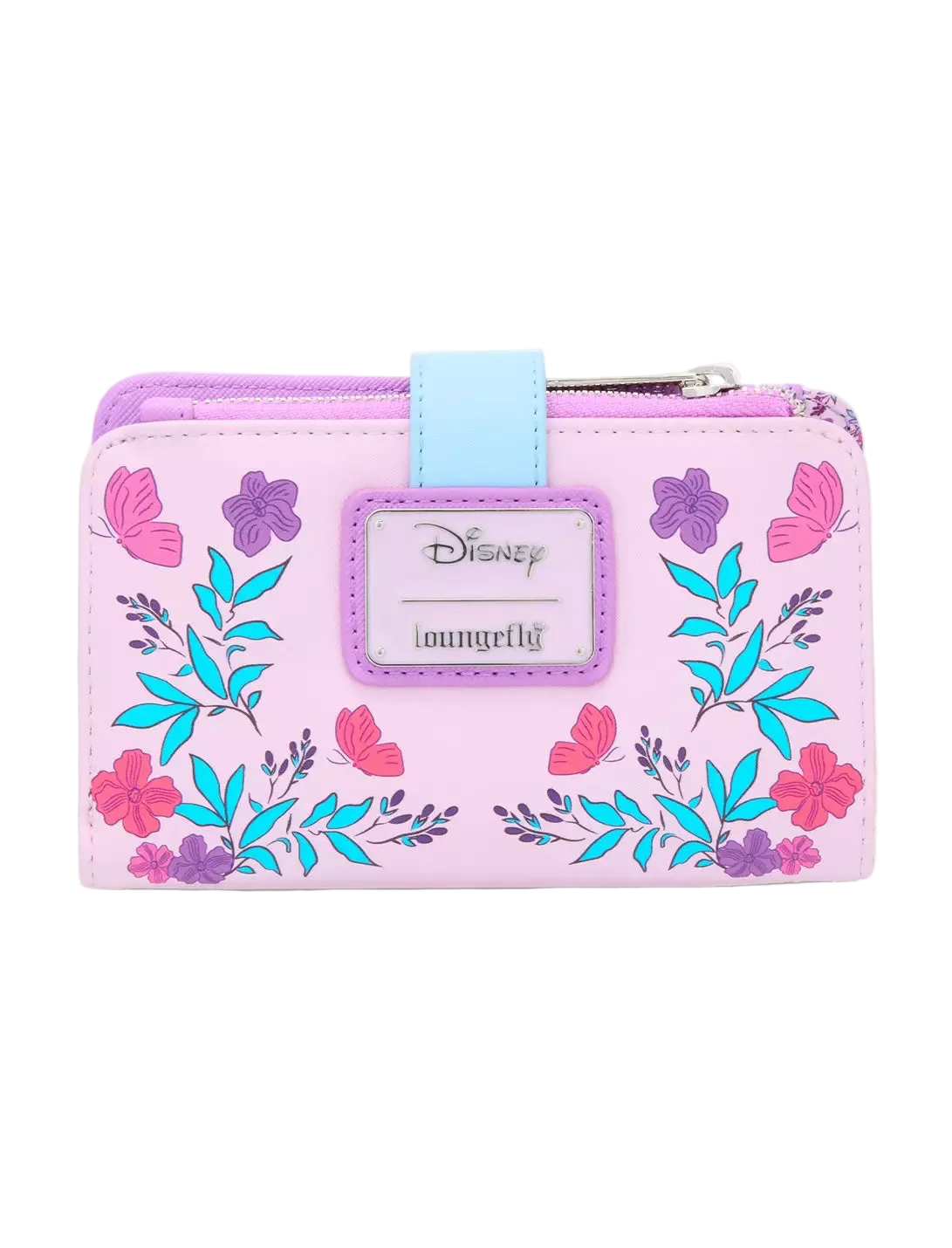 A pink zip-around wallet by Loungefly featuring a light blue strap, purple and pink floral and butterfly prints, and a central silver-tone Disney Loungefly logo patch.
