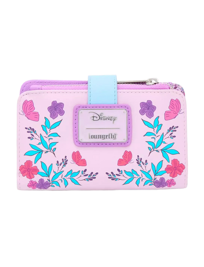 A pink zip-around wallet by Loungefly featuring a light blue strap, purple and pink floral and butterfly prints, and a central silver-tone Disney Loungefly logo patch.