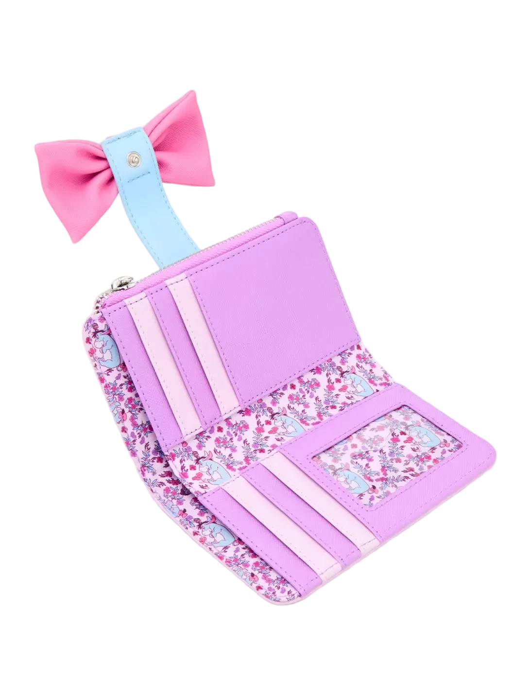 A pastel purple and pink wallet with a light blue bow, featuring floral patterned accents and card slots, shown on a light gray background.