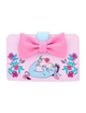 A pink wallet featuring a large pink bow on top, a light blue accent tab, and an embroidered illustration of Eeyore lying down surrounded by pink flowers and blue leaves, set against a plain white background.