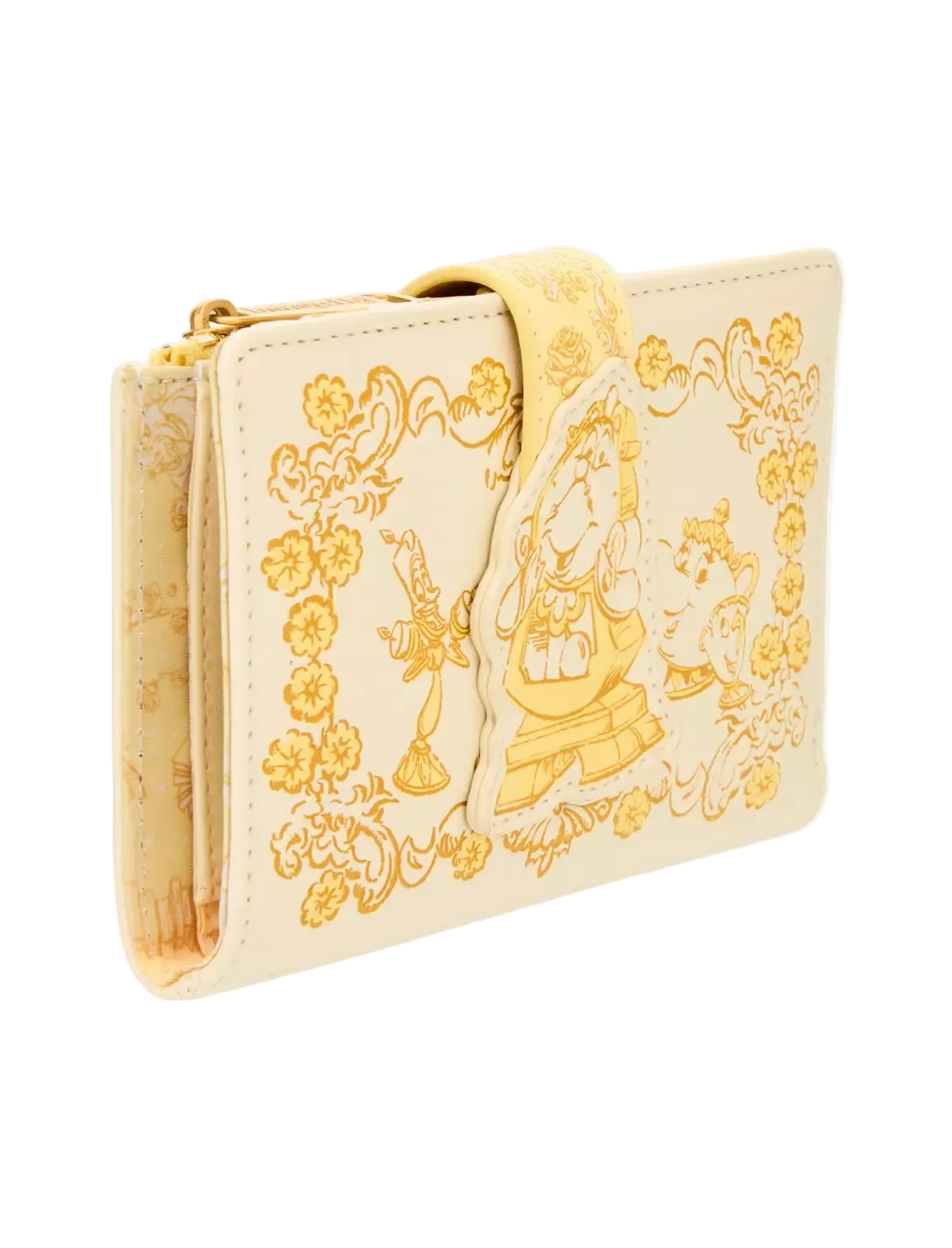 A cream-colored wallet featuring gold embossed illustrations from Beauty and the Beast, including Ganesha, Belle, and a floral border, shown on a light gray background.