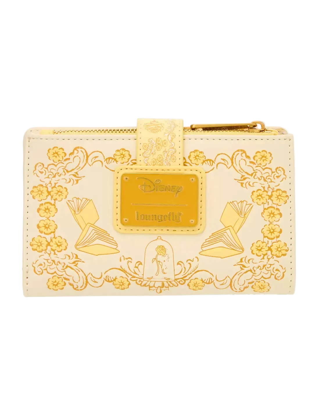 A Loungefly Disney-themed zip-around wallet in cream faux leather with gold foil embossed illustrations of books, flowers, and a central gold plaque featuring the Disney and Loungefly logos.