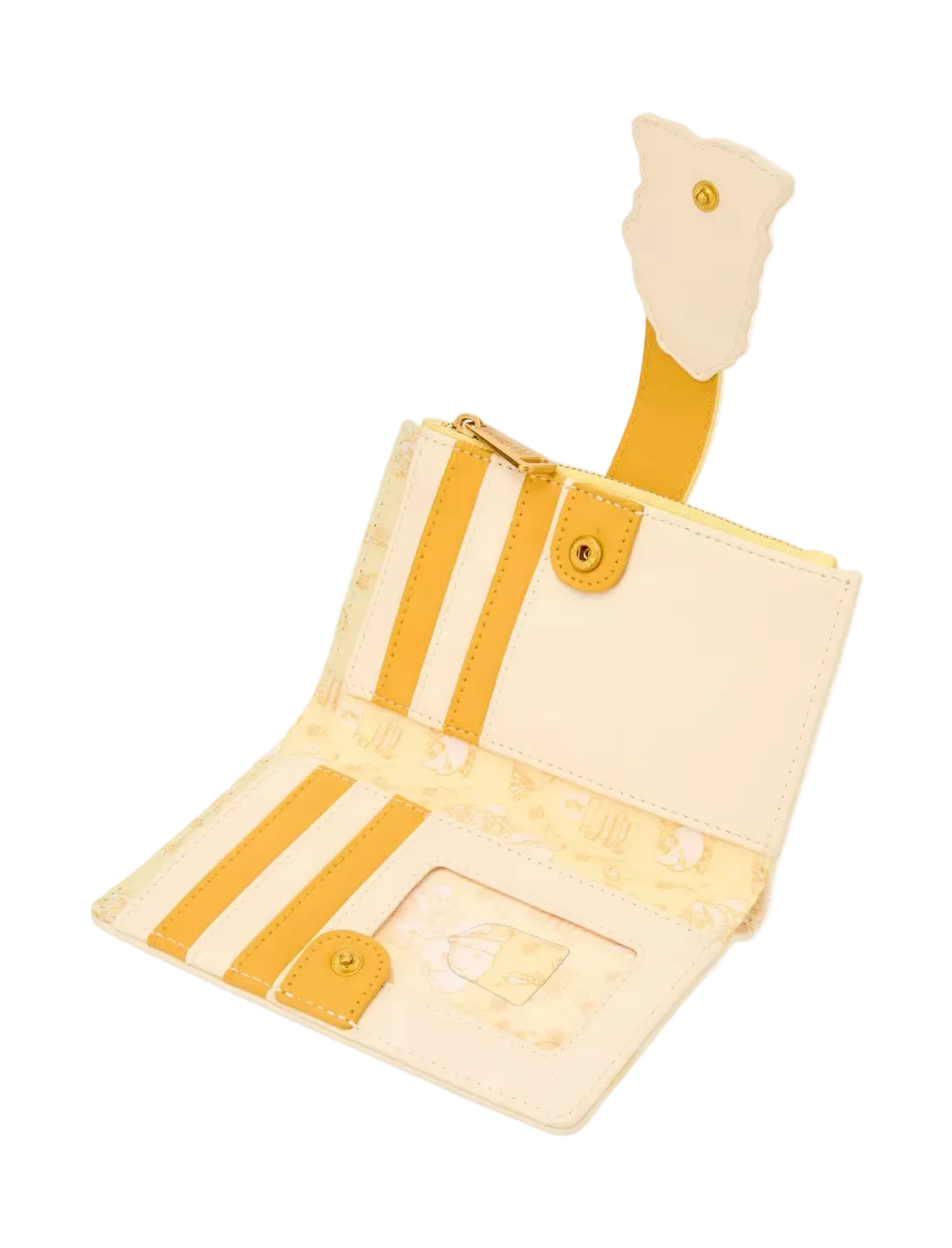 A cream-colored leather wallet with yellow stripes and a matching yellow strap, shown open against a light gray background.