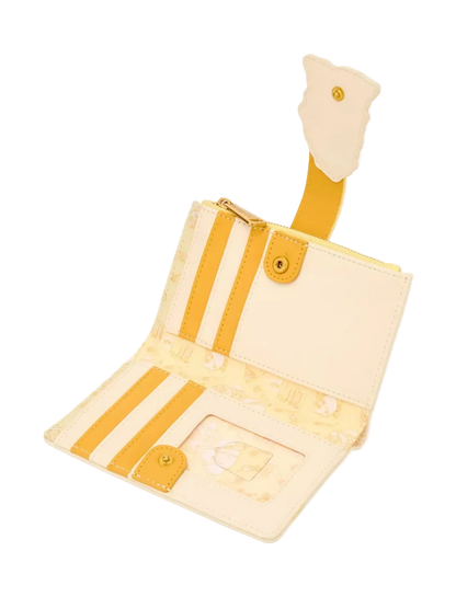 A cream-colored leather wallet with yellow stripes and a matching yellow strap, shown open against a light gray background.