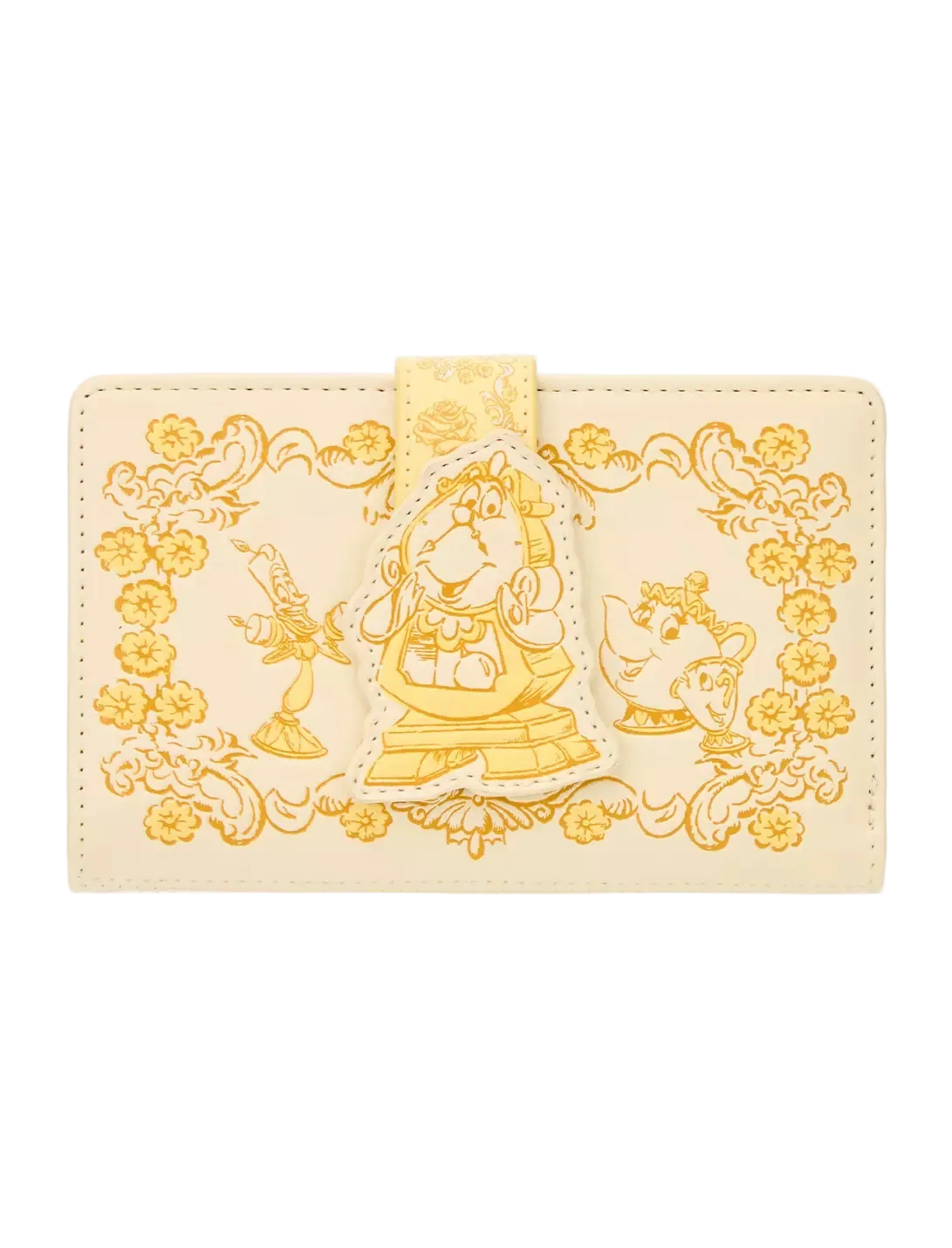 A beige faux leather wallet featuring embossed Disney's Beauty and the Beast illustrations, including Belle, the lampstand, and the teapot, with a central gold-tone strap closure.