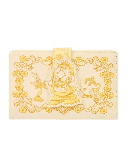 A beige faux leather wallet featuring embossed Disney's Beauty and the Beast illustrations, including Belle, the lampstand, and the teapot, with a central gold-tone strap closure.
