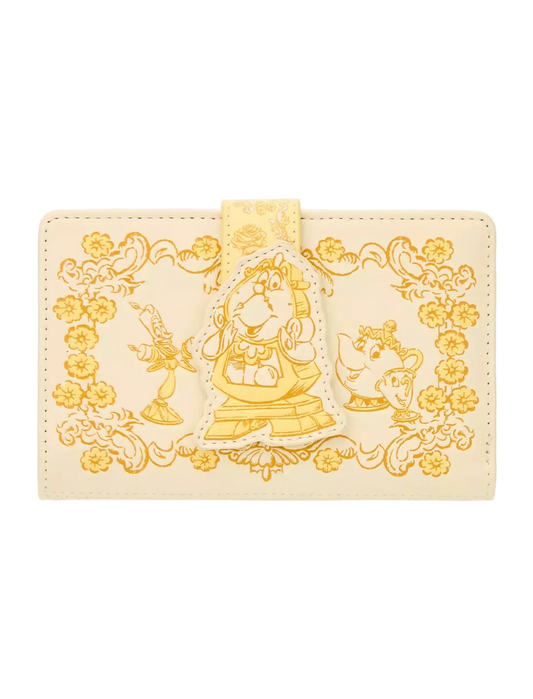A beige faux leather wallet featuring embossed Disney's Beauty and the Beast illustrations, including Belle, the lampstand, and the teapot, with a central gold-tone strap closure.