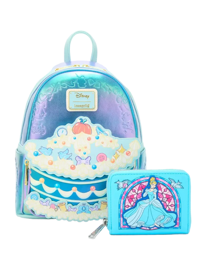A Disney Cinderella-themed backpack and matching zip wallet set. The backpack is iridescent pastel blue and purple with a cake-slice applique and a Disney Cinderella patch.