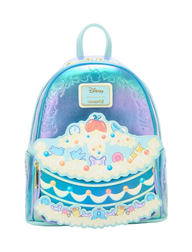 A Disney Campfire mini backpack featuring a holographic blue and purple gradient body with a 3D cake topper design in the front pocket, complete with a small pumpkin and fairy details.