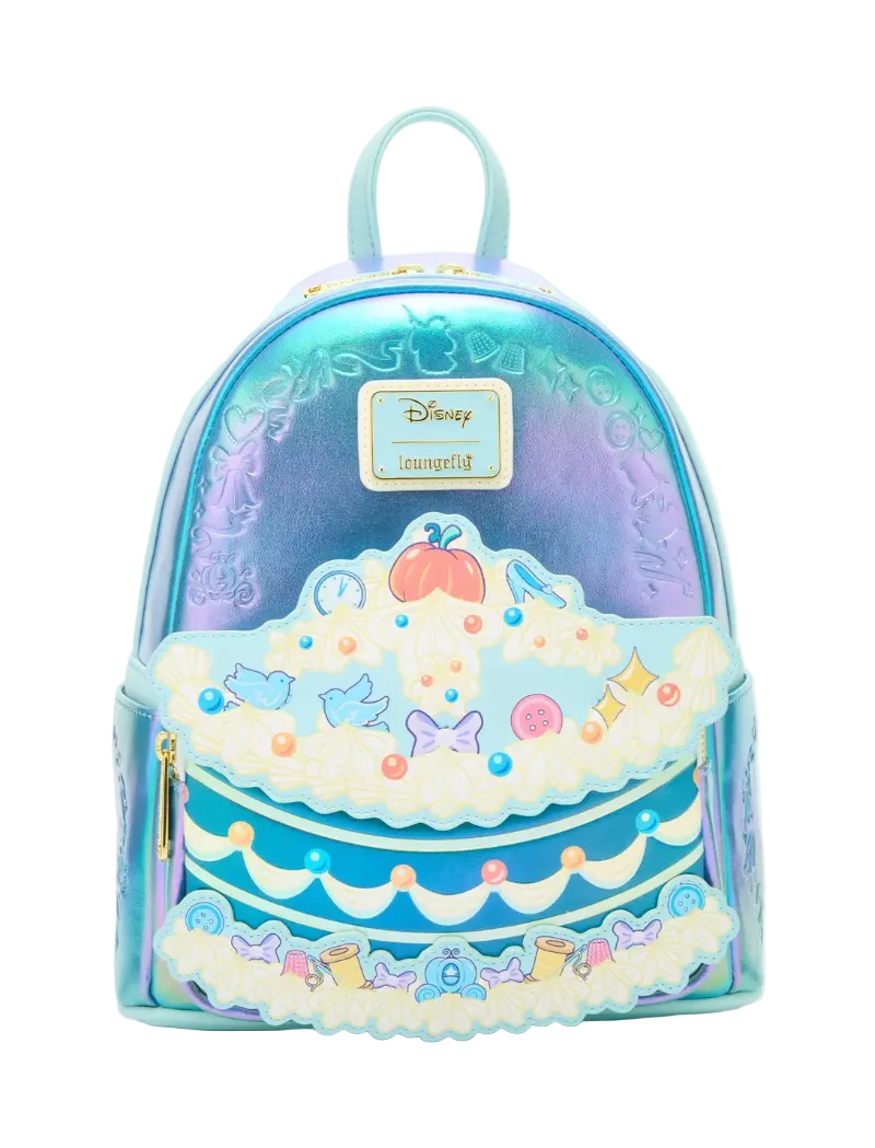 A Disney Campfire mini backpack featuring a holographic blue and purple gradient body with a 3D cake topper design in the front pocket, complete with a small pumpkin and fairy details.