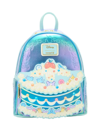 A Disney Campfire mini backpack featuring a holographic blue and purple gradient body with a 3D cake topper design in the front pocket, complete with a small pumpkin and fairy details.
