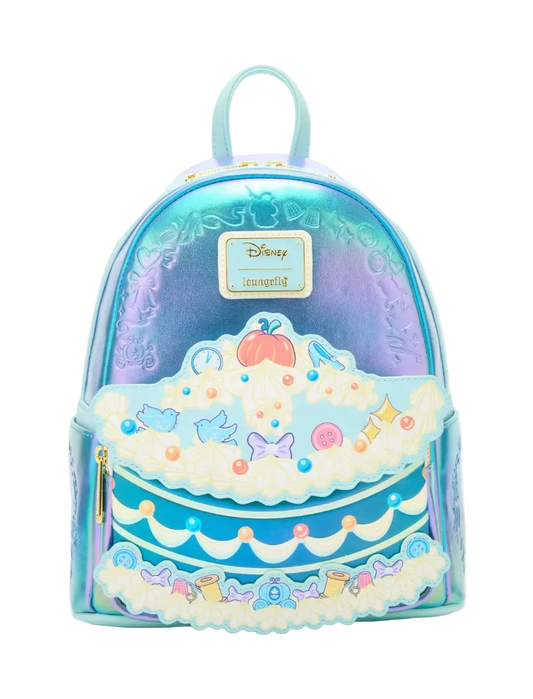 A Disney Campfire mini backpack featuring a holographic blue and purple gradient body with a 3D cake topper design in the front pocket, complete with a small pumpkin and fairy details.