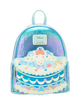 A Disney Campfire mini backpack featuring a holographic blue and purple gradient body with a 3D cake topper design in the front pocket, complete with a small pumpkin and fairy details.