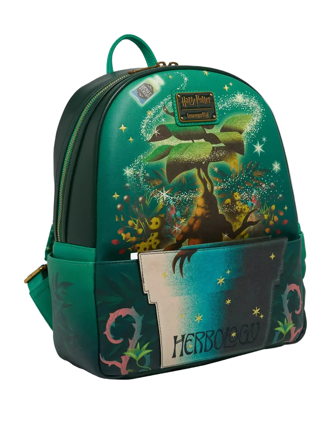 A Loungefly x Harry Potter Herbology backpack in a dark teal green color, featuring a detailed illustration of a Herbilong tree with a frog, magical sparkles, and the word 'HERBATOLOGY' on the front pocket.