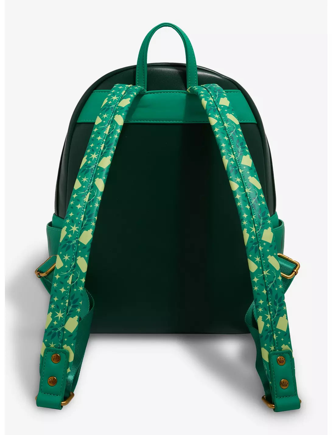 A dark green backpack shown from the back, featuring green shoulder straps with a light green and yellow celestial pattern and gold-tone hardware.