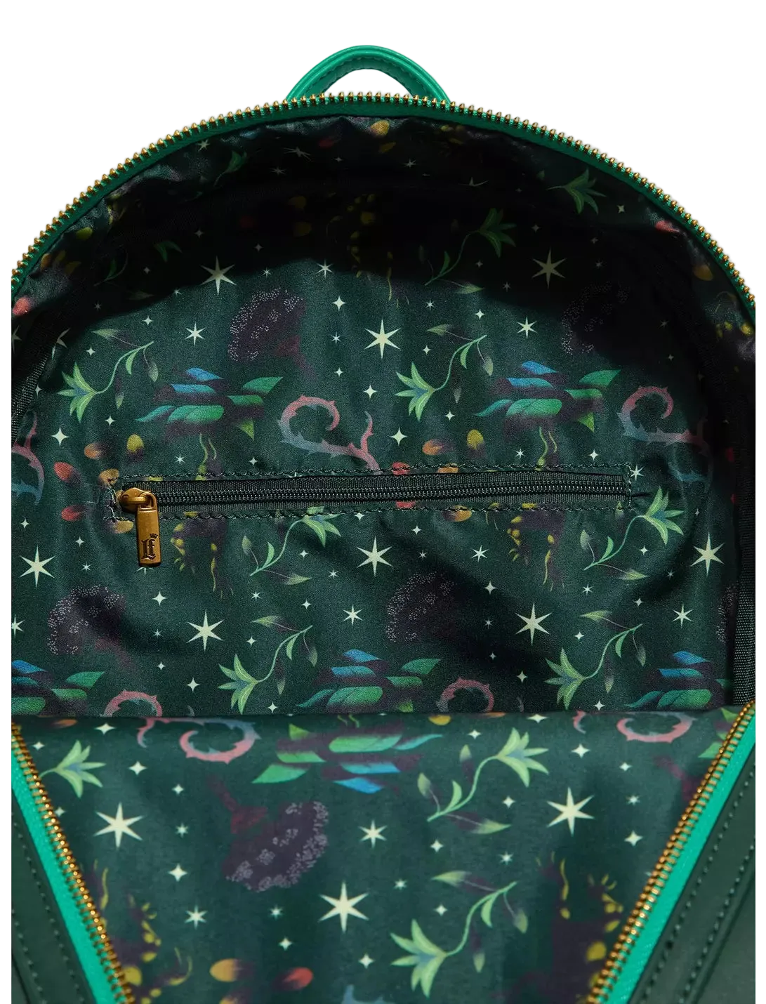 An open backpack showing a dark green interior lined with a colorful fantasy print of stars, planets, and creatures, with a top zipper and a gold-tone pull.