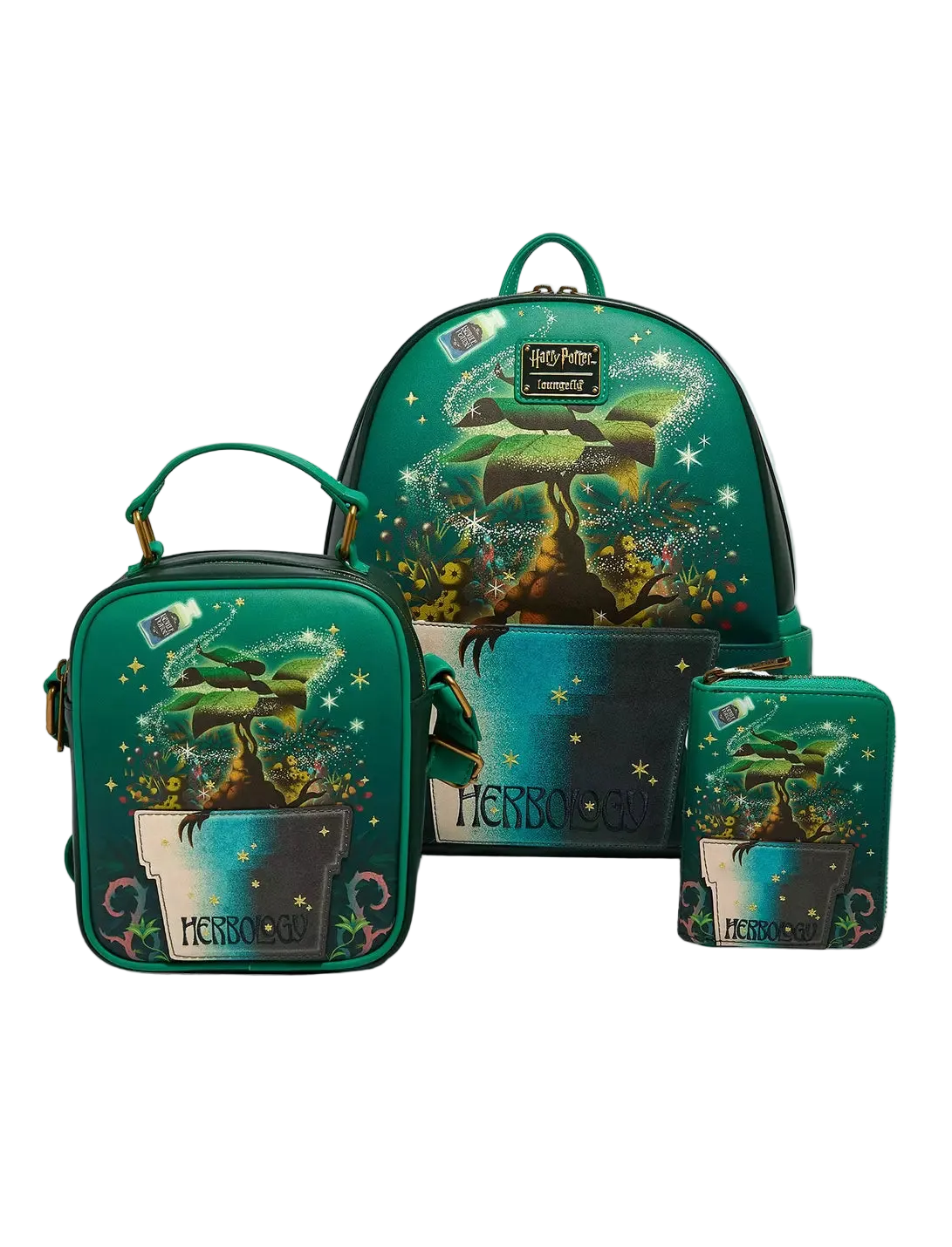 A matching green Harry Potter Hogwarts backpack, lunch bag, wallet, and pouch set, all decorated with a whimsical bonsai tree illustration and the word 'HERRONBOY' on a clean white background.